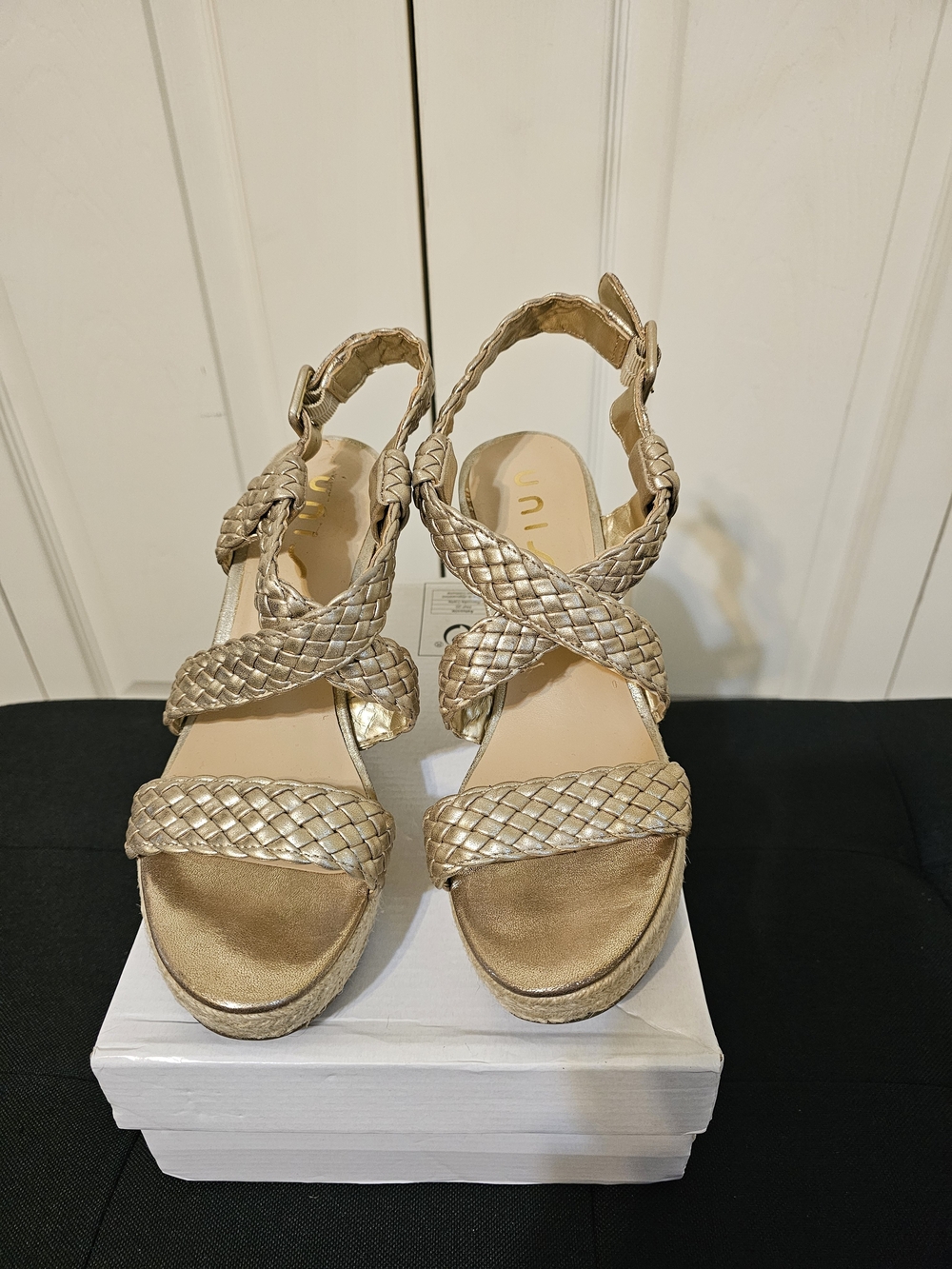 Unisa Gold Braided Slingback Wedge Sandals